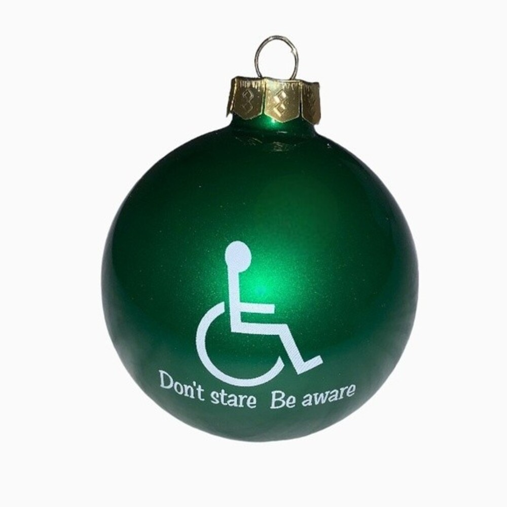 Glass Green Wheelchair Don’t Stare Be Aware Christmas Holiday Ornament Holiday